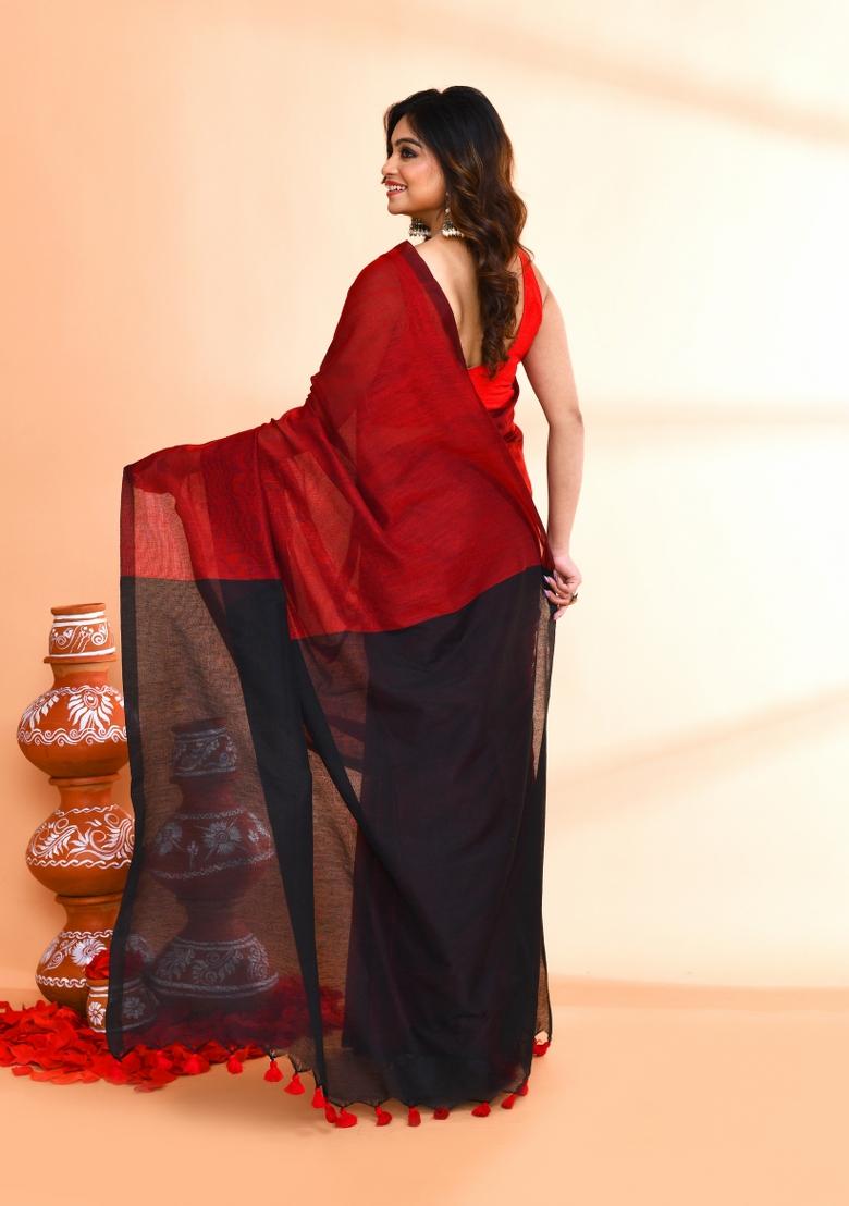 Red Solid Cotton Saree Set