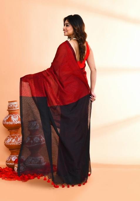 Red Solid Cotton Saree Set