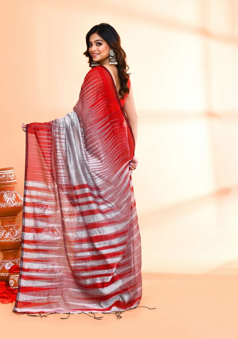 Silver Hand Embroidered Cotton Blend Saree Set - Indya