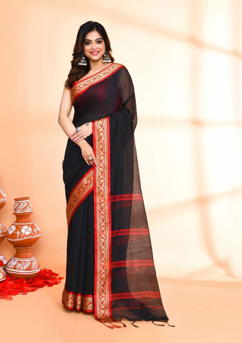 Black Hand Embroidered Cotton Blend Saree Set for Diwali and Festive Wear - Indya