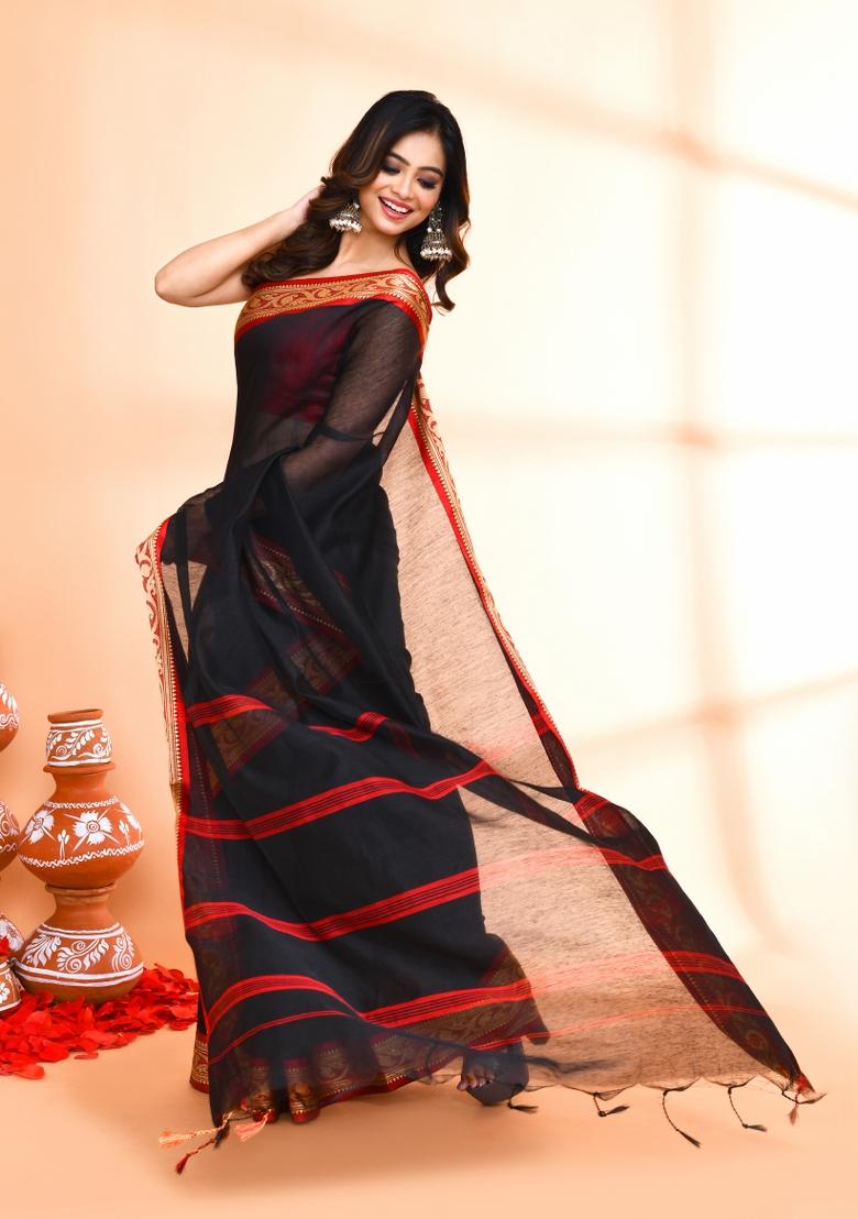 Black Hand Embroidered Cotton Blend Saree Set