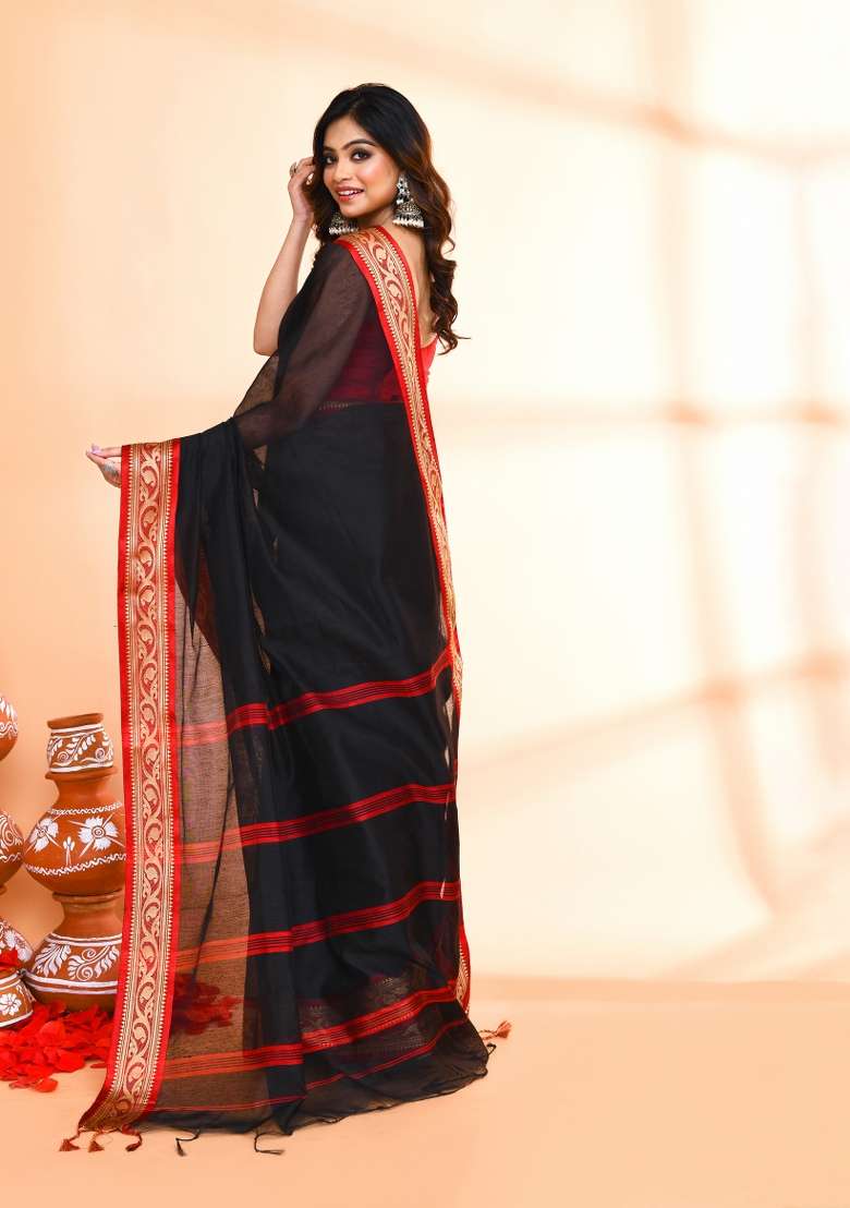 Black Hand Embroidered Cotton Blend Saree Set for Diwali and Festive Wear - Indya