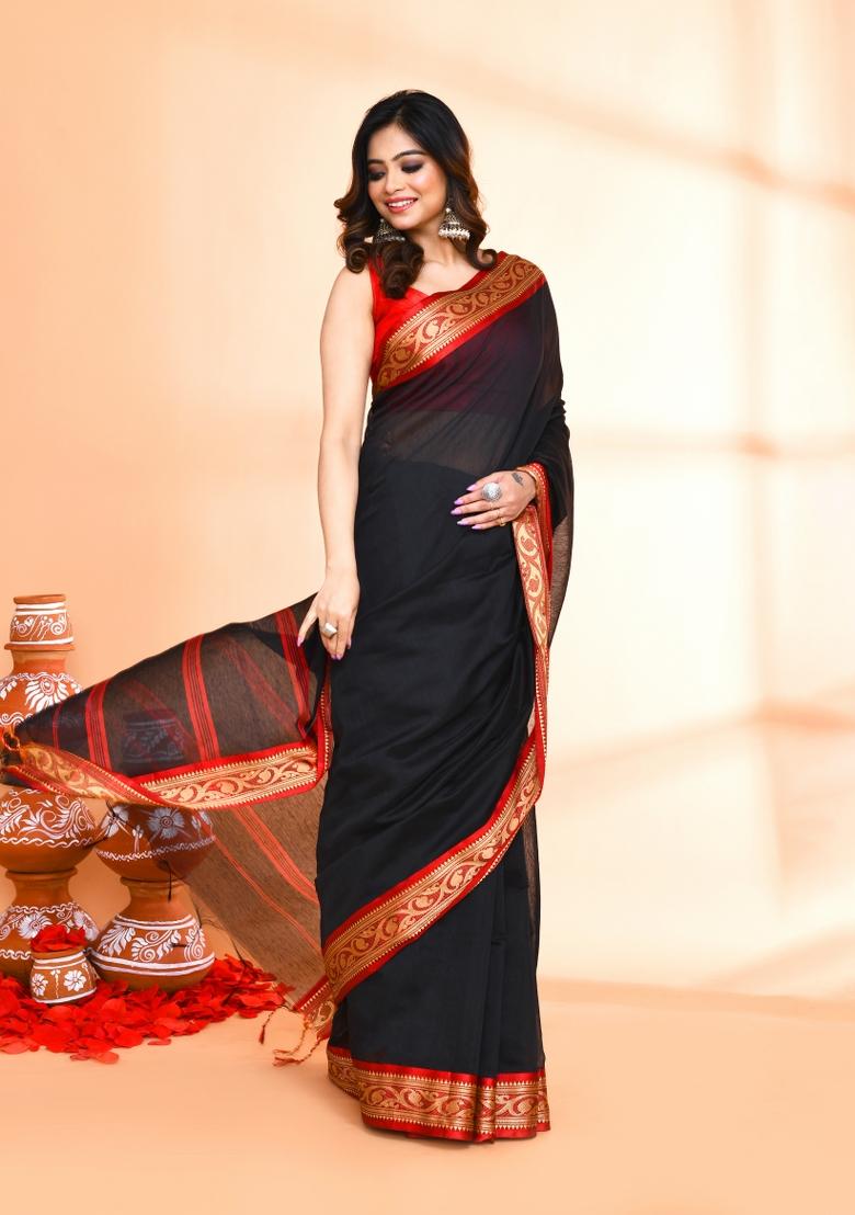 Black Hand Embroidered Cotton Blend Saree Set