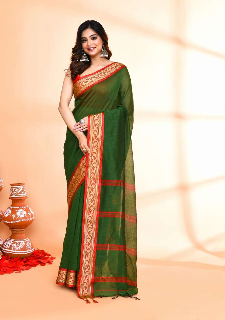 Moss Green Hand Embroidered Cotton Blend Saree Set for Diwali and Festive Wear - Indya