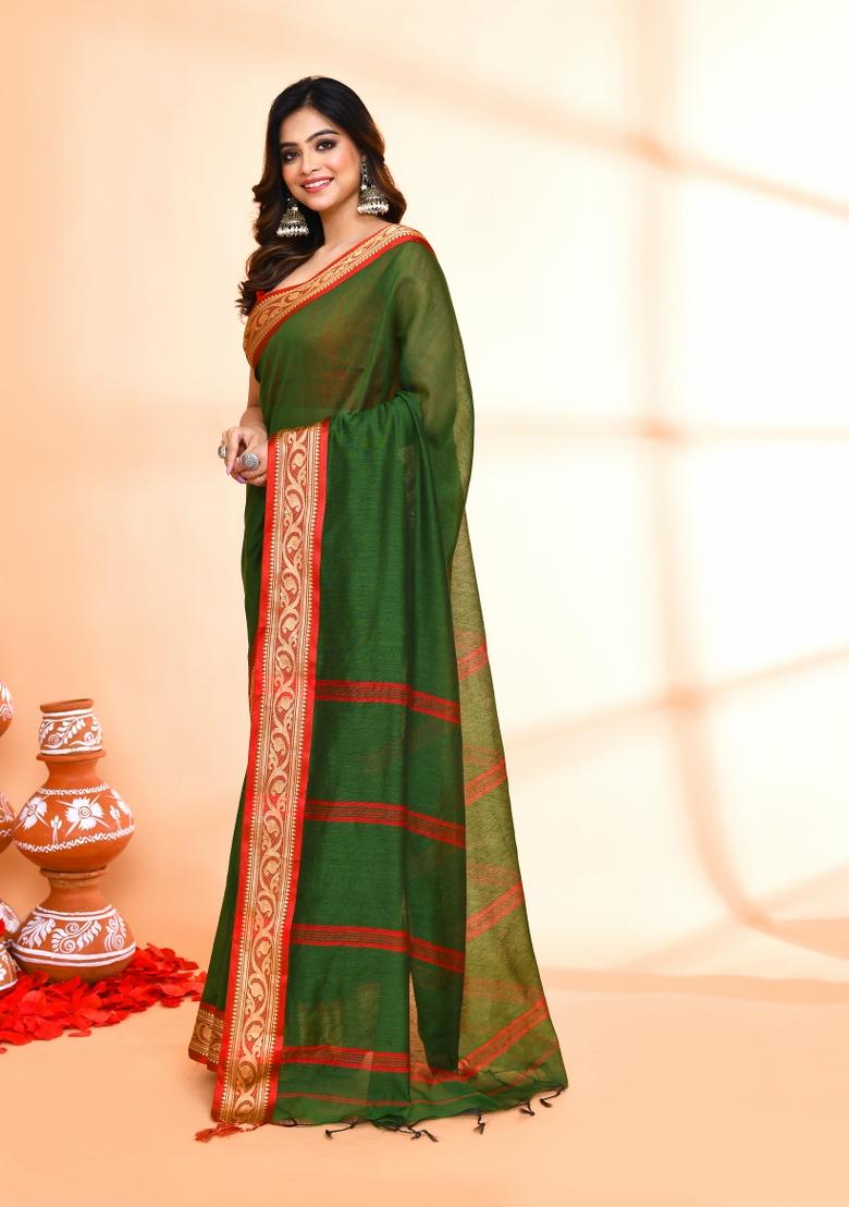 Moss Green Hand Embroidered Cotton Blend Saree Set