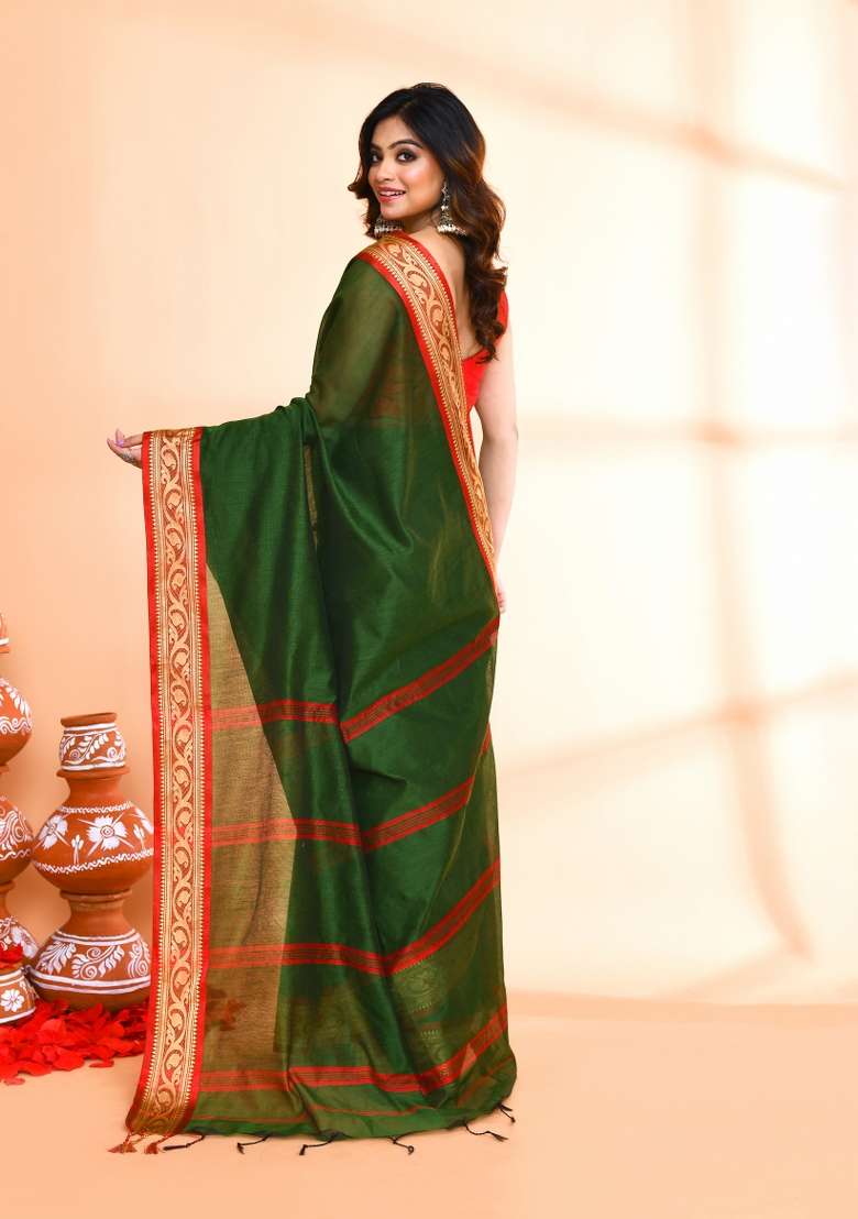 Moss Green Hand Embroidered Cotton Blend Saree Set for Diwali and Festive Wear - Indya