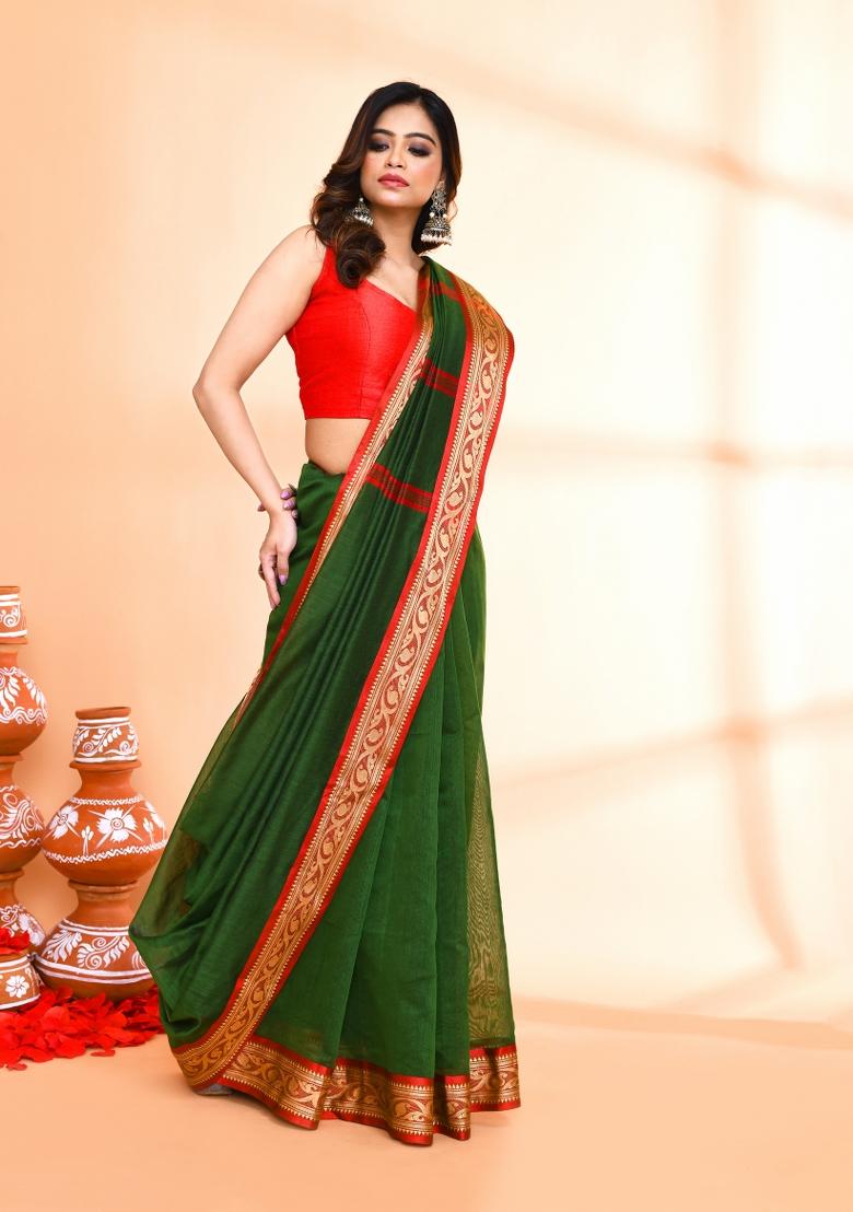 Moss Green Hand Embroidered Cotton Blend Saree Set