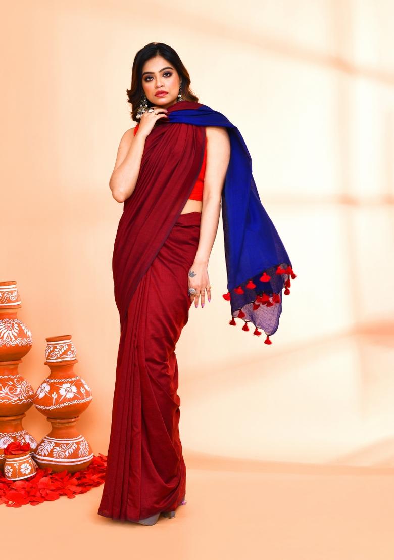 Maroon Solid Cotton Saree Set