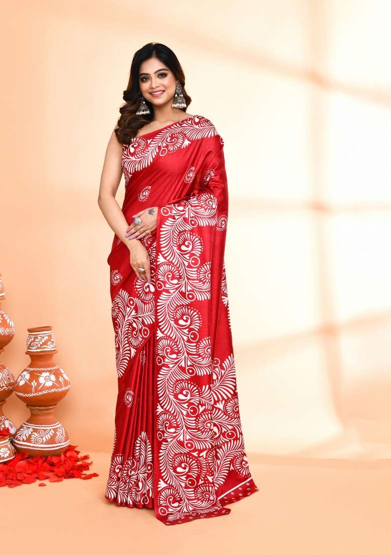 Maroon Printed Silk Blend Saree Set for Diwali and Festive Wear - Indya