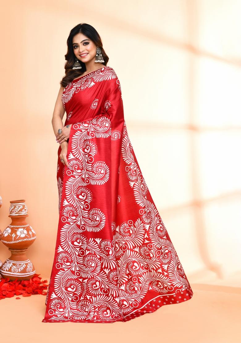 Maroon Printed Silk Saree Set