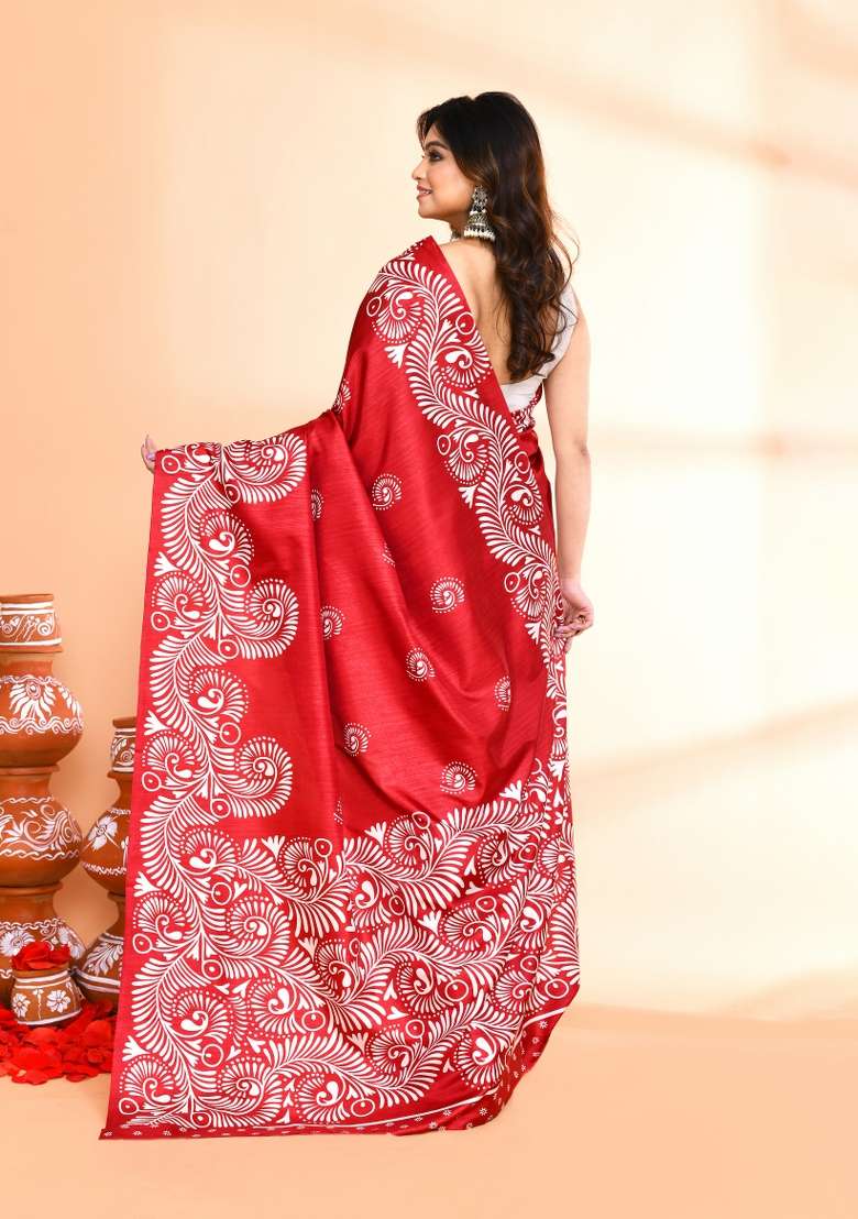 Maroon Printed Silk Blend Saree Set for Diwali and Festive Wear - Indya