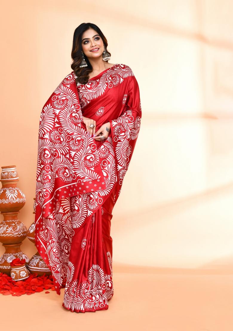 Maroon Printed Silk Saree Set