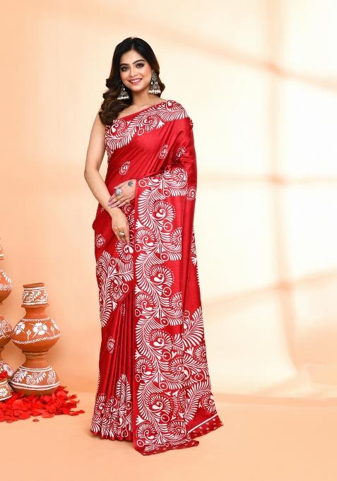 Maroon Printed Silk Saree Set