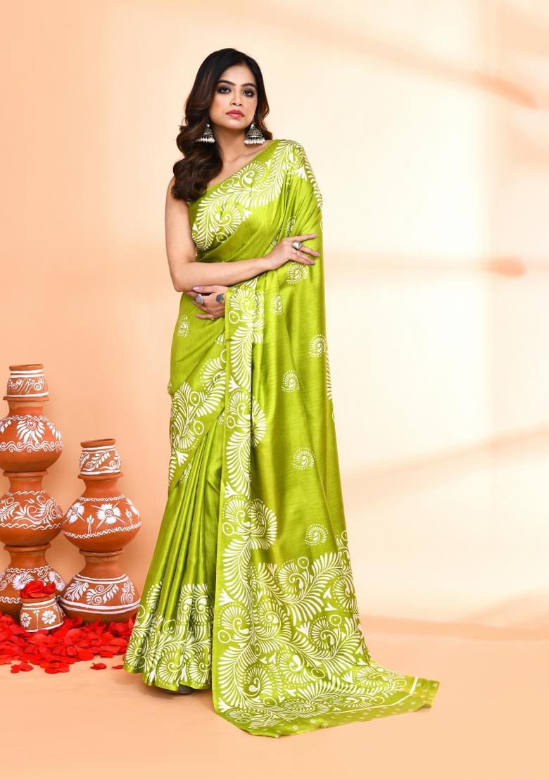 Olive Printed Silk Saree Set