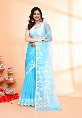 Aqua Blue Jamdani Art Silk Saree Set