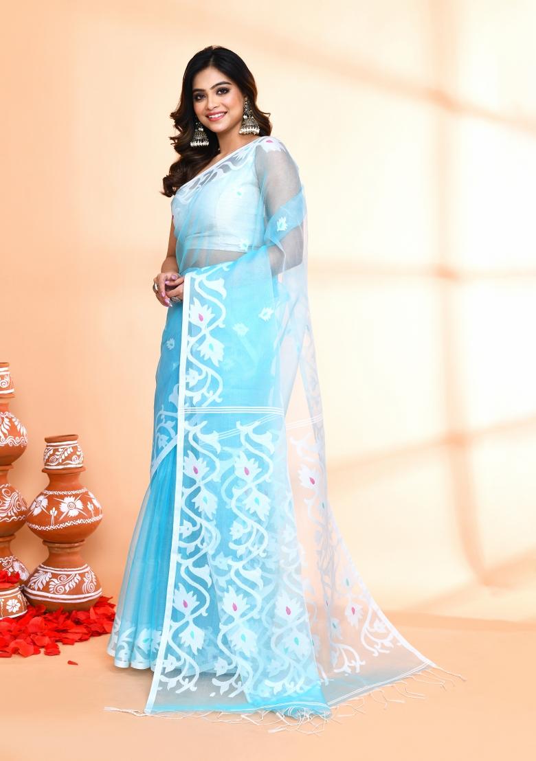 Aqua Blue Jamdani Art Silk Saree Set