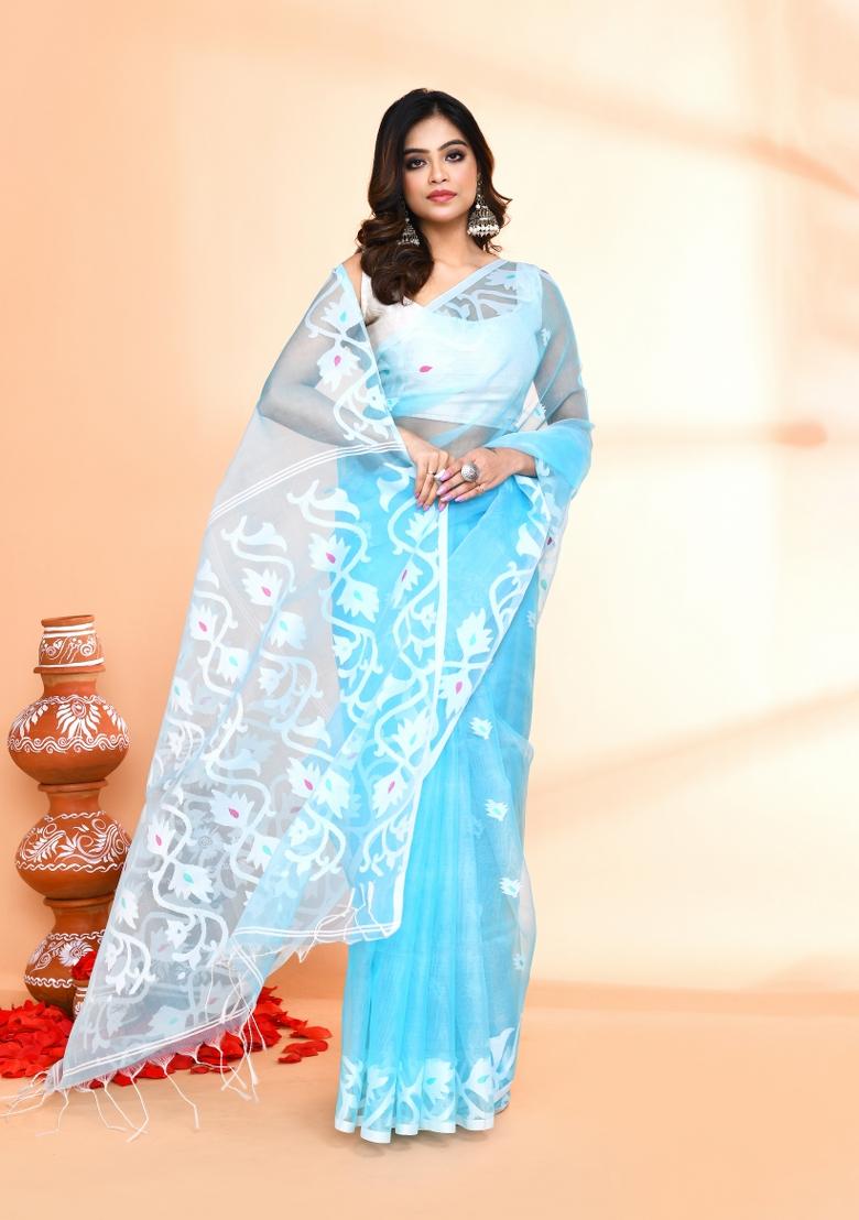 Aqua Blue Jamdani Art Silk Saree Set