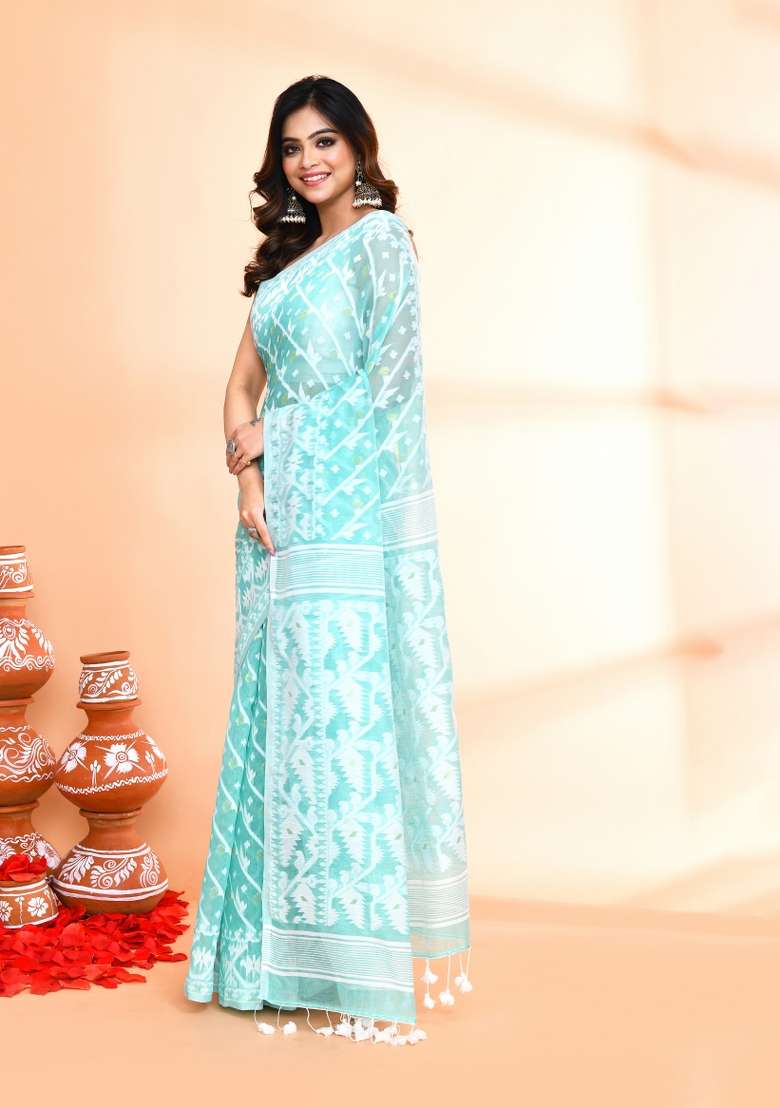 Light Turquoise Blue Jamdani Blend Cotton Saree Set for Diwali | Wedding & Festive Wear - Indya