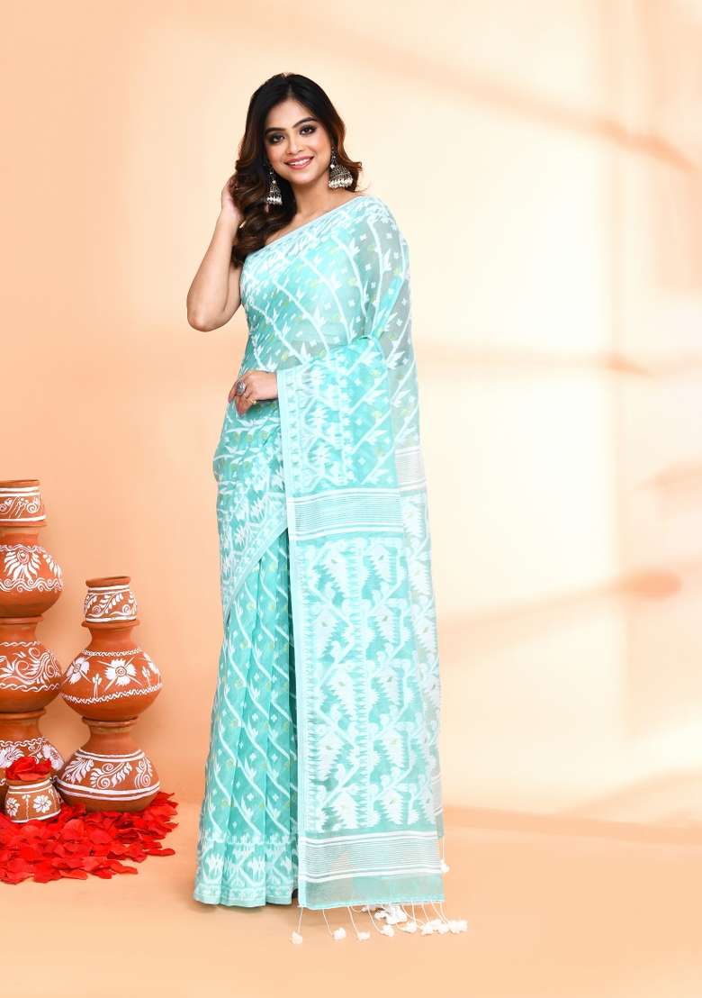 Light Turquoise Blue Jamdani Blend Cotton Saree Set for Diwali | Wedding & Festive Wear - Indya