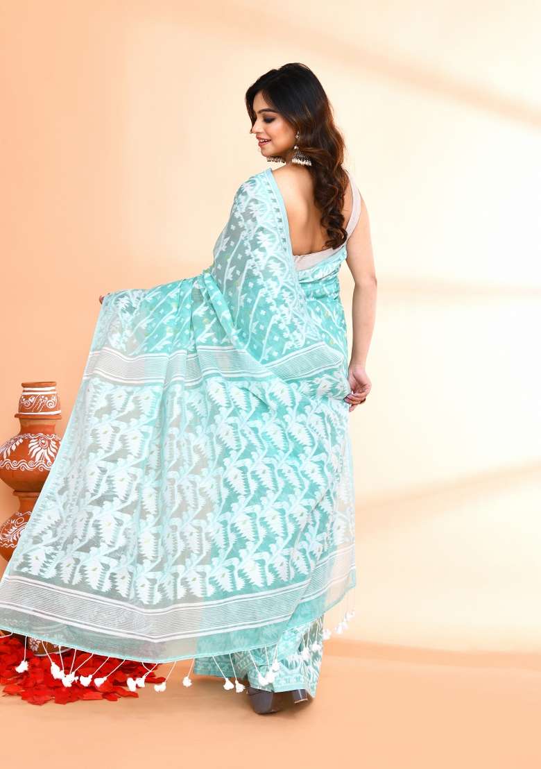 Light Turquoise Blue Jamdani Blend Cotton Saree Set for Diwali | Wedding & Festive Wear - Indya