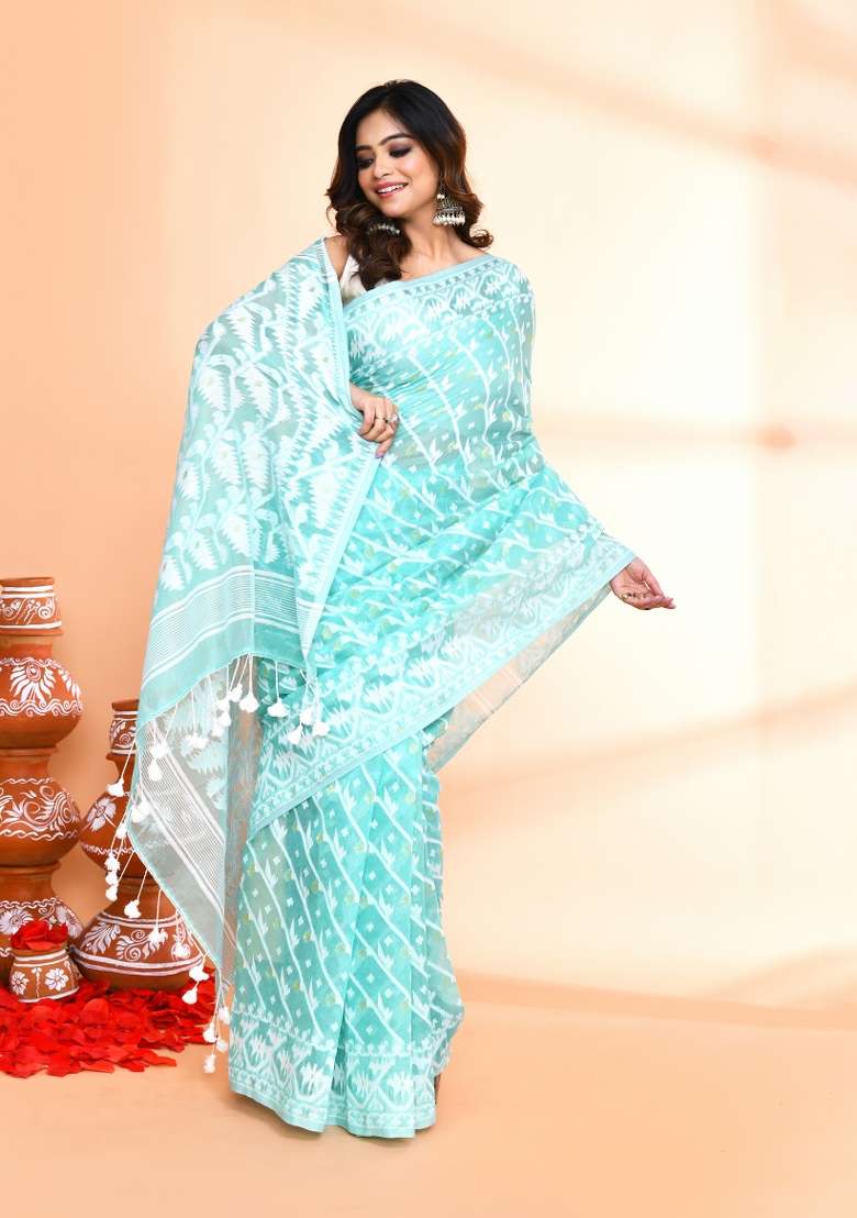 Light Turquoise Blue Jamdani Blend Cotton Saree Set for Diwali | Wedding & Festive Wear - Indya