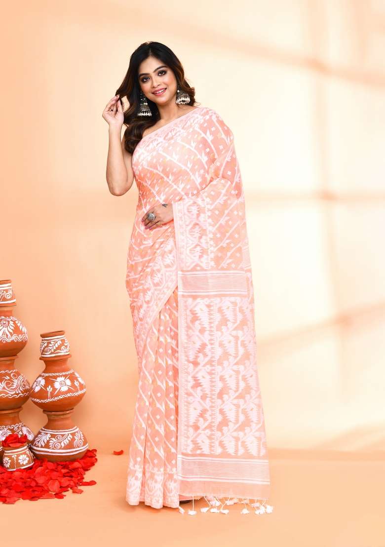 Salmon Orange Jamdani Cotton Blend Saree Set for Diwali and Festive Wear - Indya