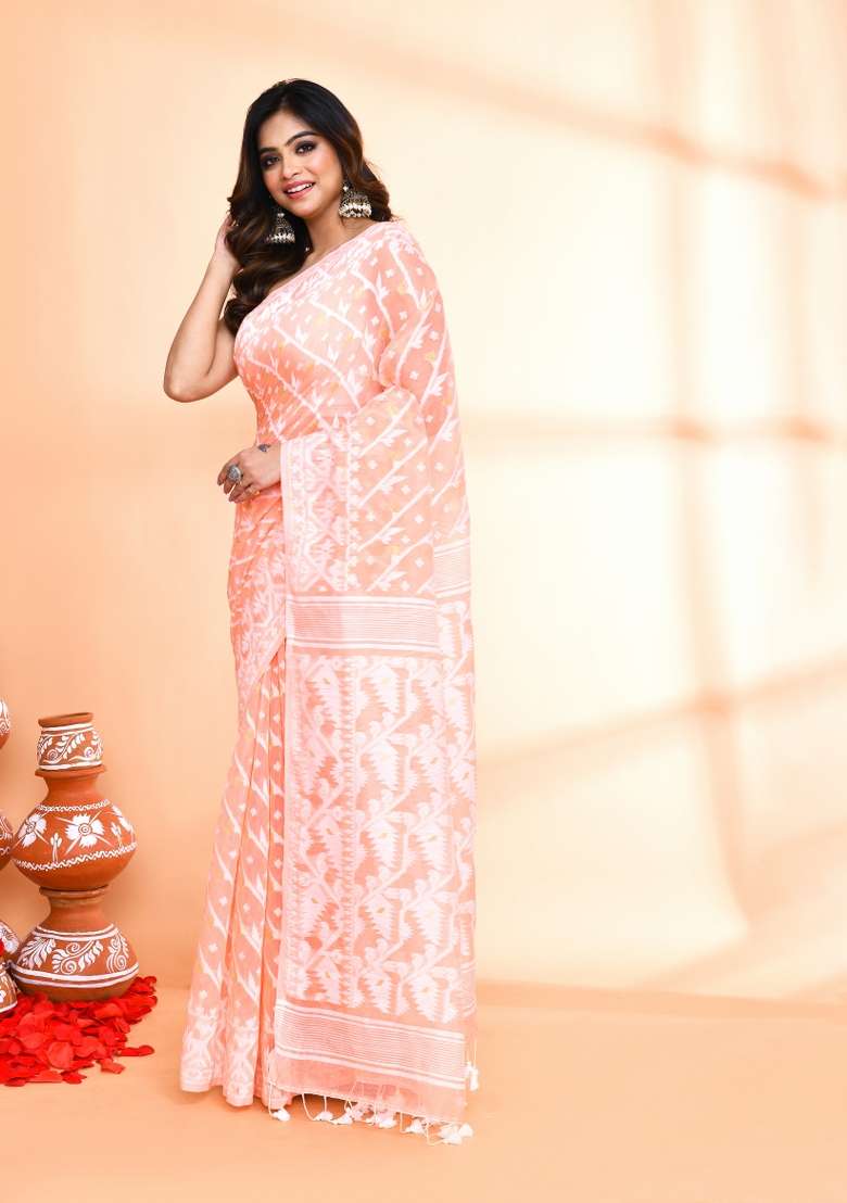 Salmon Orange Jamdani Cotton Blend Saree Set for Diwali and Festive Wear - Indya