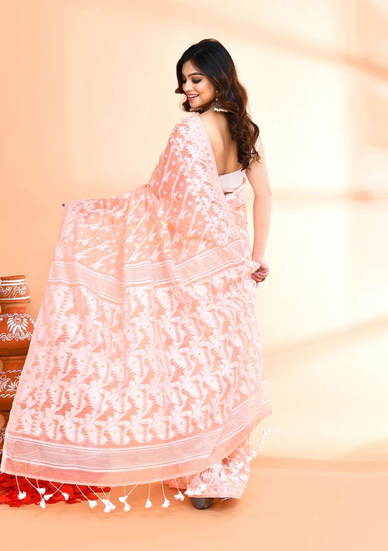 Salmon Orange Jamdani Cotton Blend Saree Set for Diwali and Festive Wear - Indya