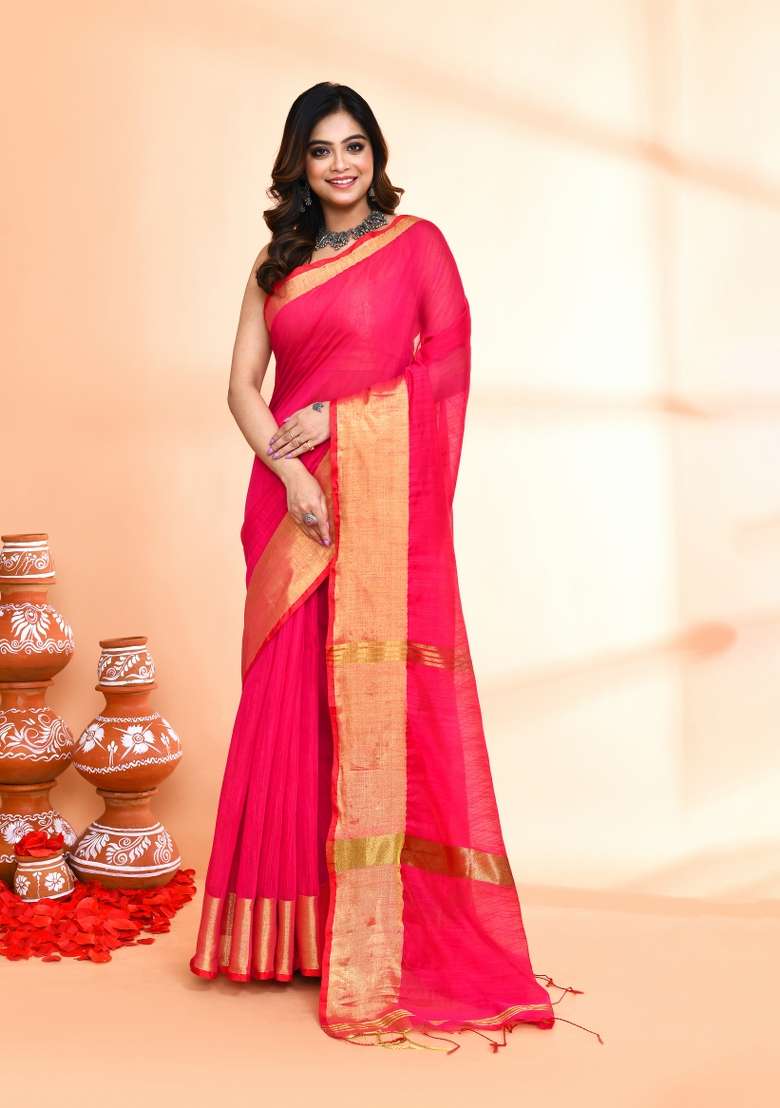 Rani Pink Hand Blend Cotton Saree Set with Embroidered for Diwali | Wedding & Festive Wear - Indya