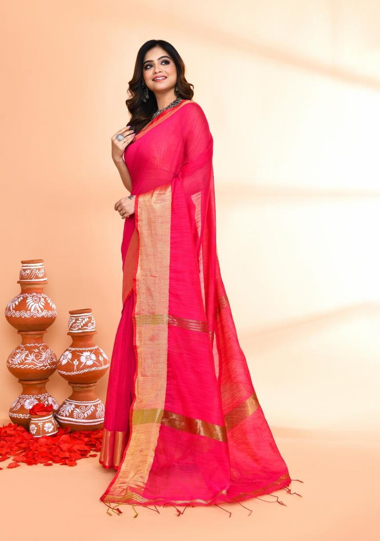 Rani Pink Hand Embroidered Cotton Blend Saree Set