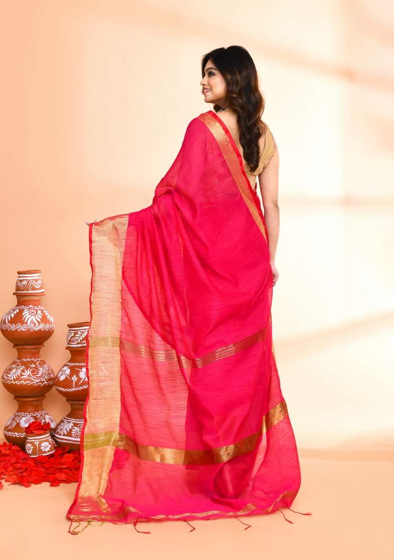 Rani Pink Hand Blend Cotton Saree Set with Embroidered for Diwali | Wedding & Festive Wear - Indya