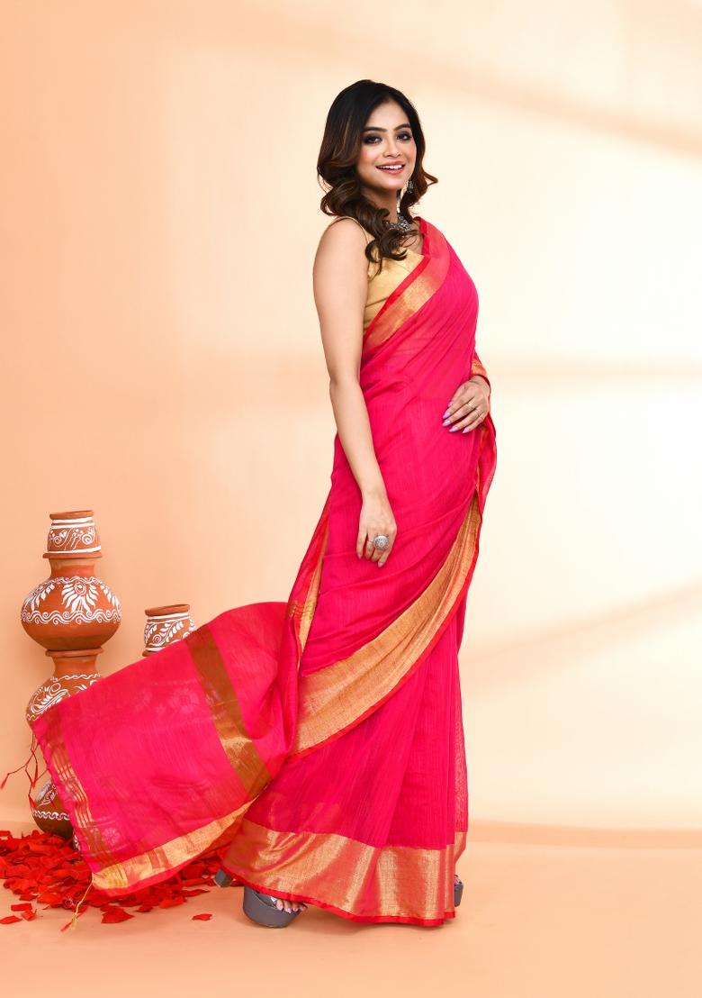 Rani Pink Hand Embroidered Cotton Blend Saree Set