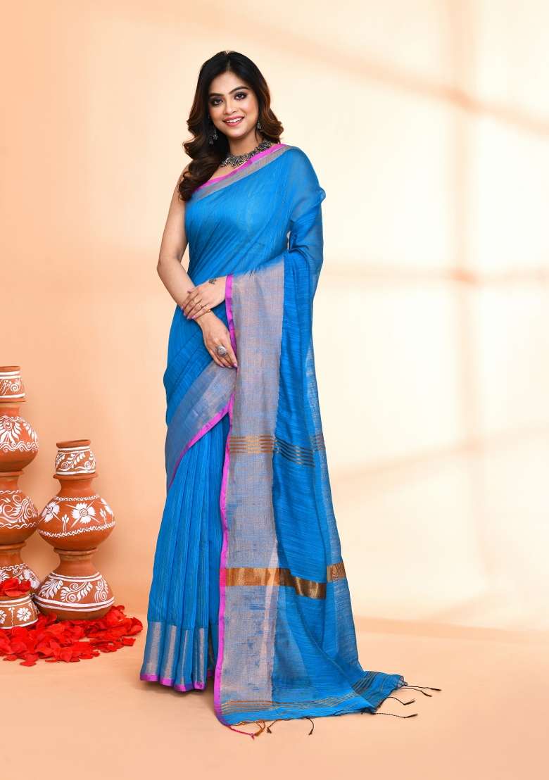 Sky Blue Hand Embroidered Cotton Blend Saree Set for Diwali and Festive Wear - Indya