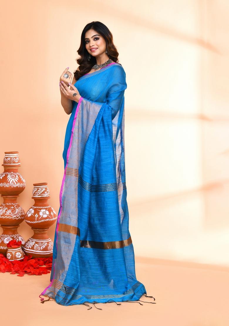Sky Blue Hand Embroidered Cotton Blend Saree Set