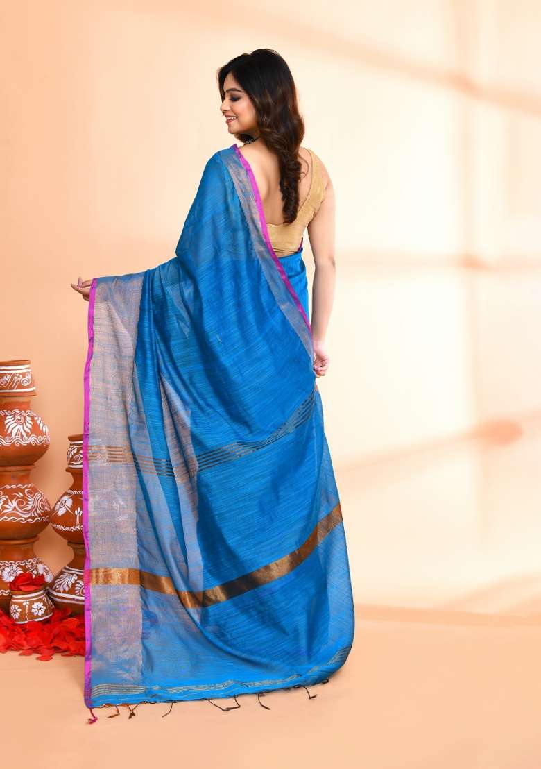 Sky Blue Hand Embroidered Cotton Blend Saree Set for Diwali and Festive Wear - Indya