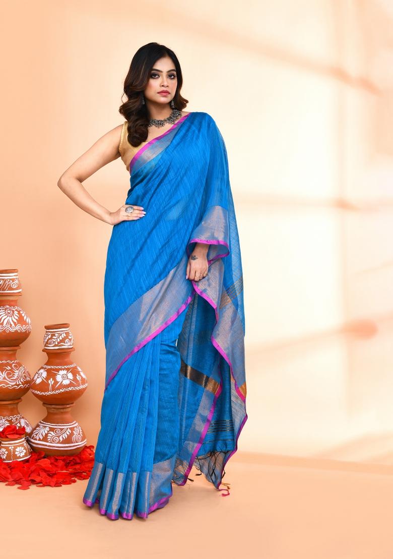 Sky Blue Hand Embroidered Cotton Blend Saree Set