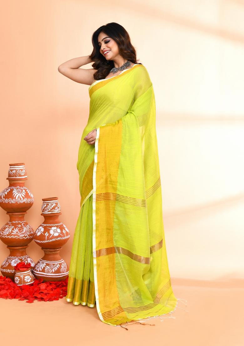 Lemon Yellow Hand Embroidered Cotton Blend Saree Set