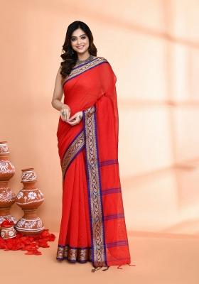 Red Hand Embroidered Cotton Blend Saree Set