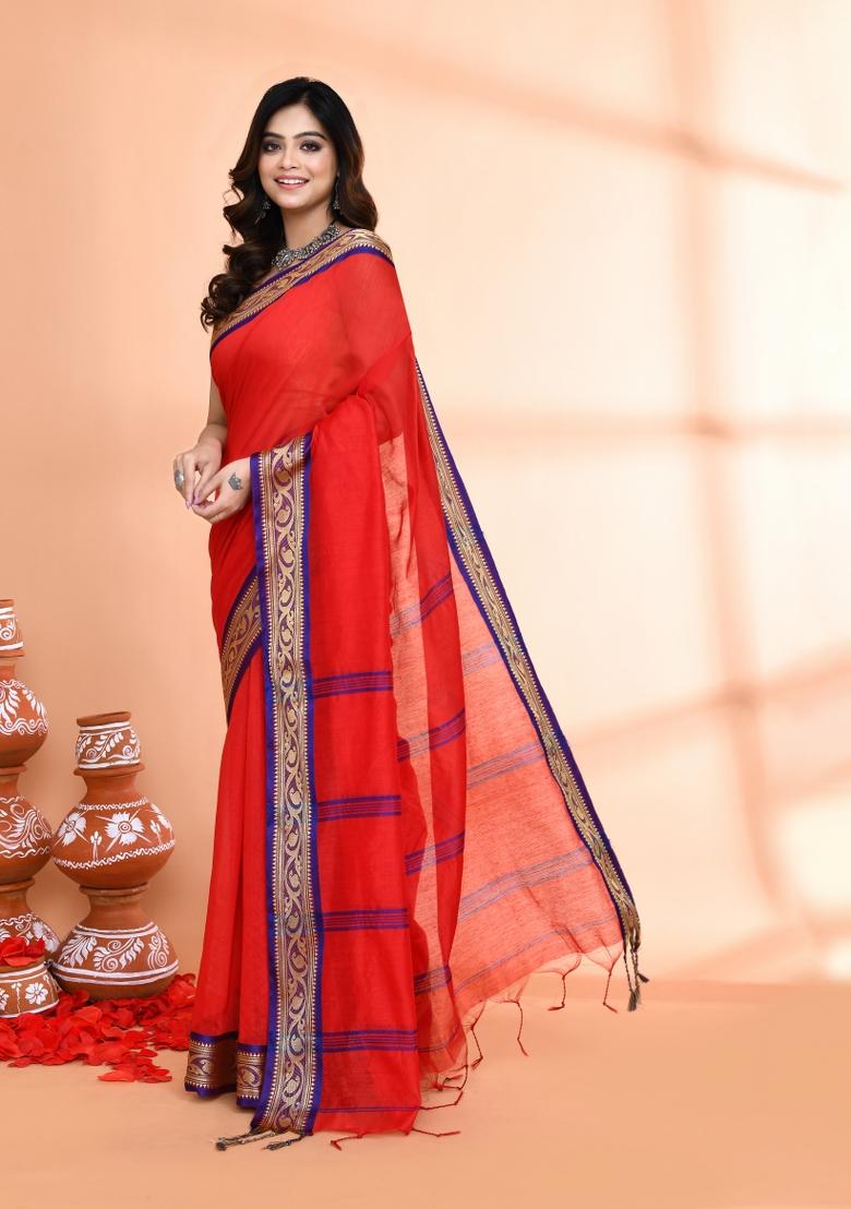 Red Hand Embroidered Cotton Blend Saree Set