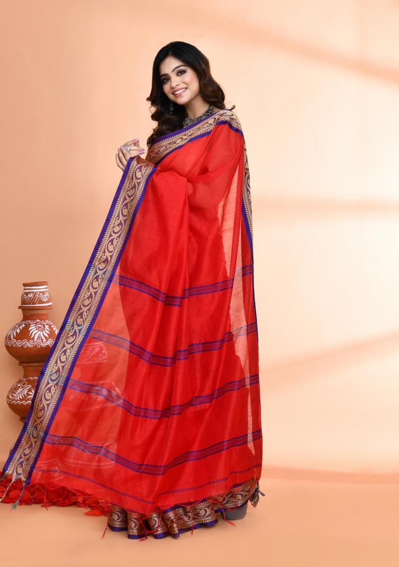 Red Hand Embroidered Cotton Blend Saree Set