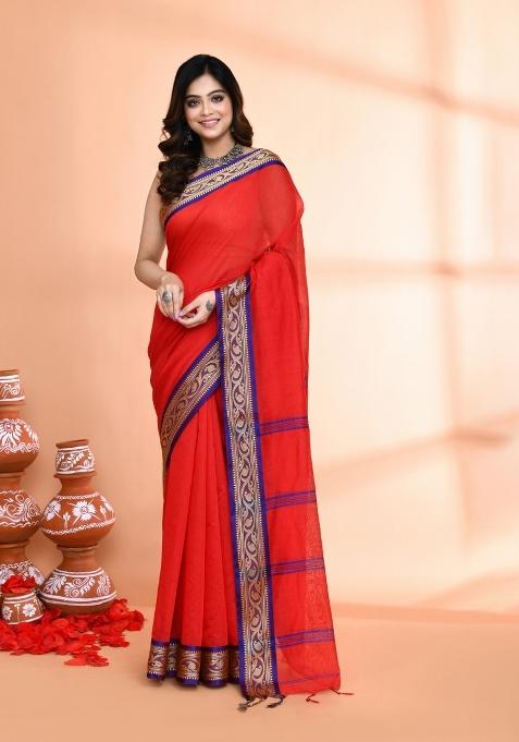 Red Hand Embroidered Cotton Blend Saree Set