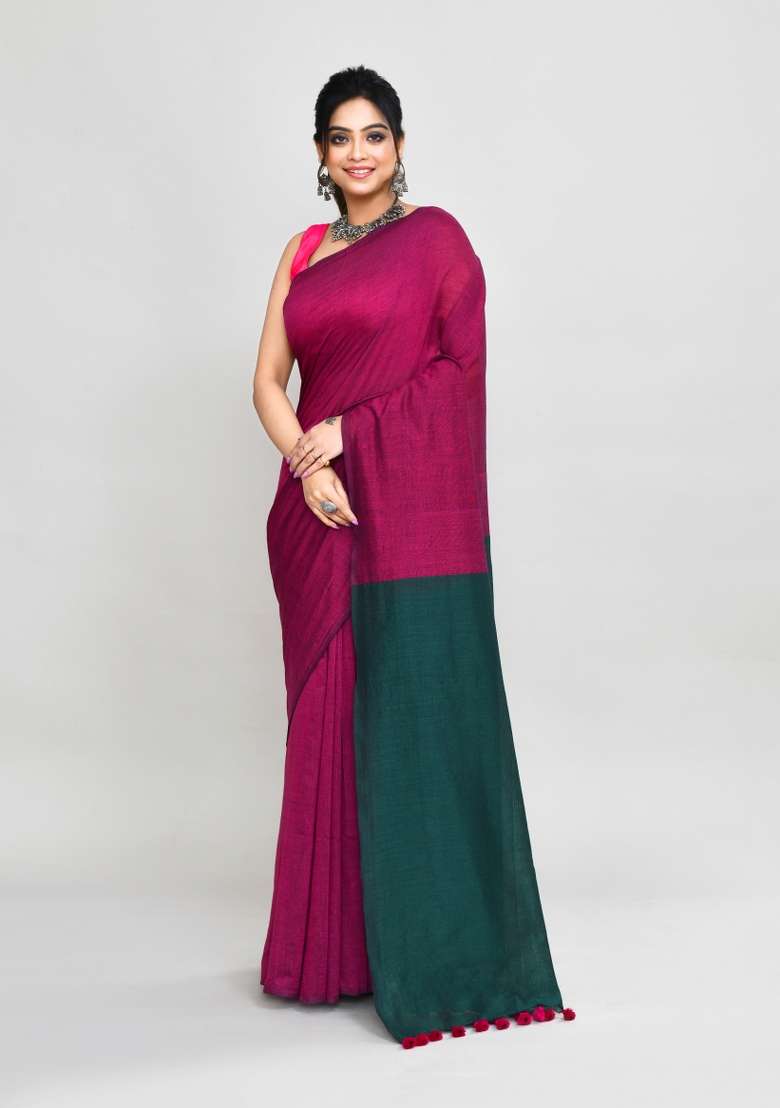 Rani Pink Solid Cotton Saree Set for Diwali | Wedding & Festive Wear - Indya