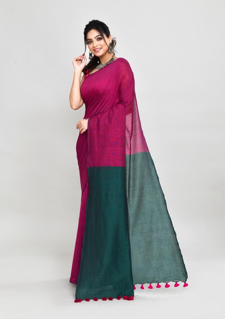 Rani Pink Solid Cotton Saree Set