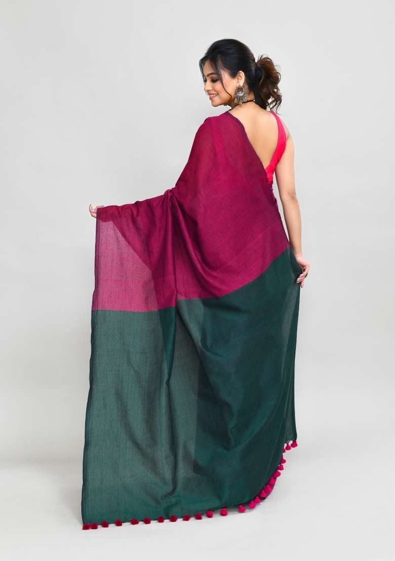 Rani Pink Solid Cotton Saree Set for Diwali | Wedding & Festive Wear - Indya