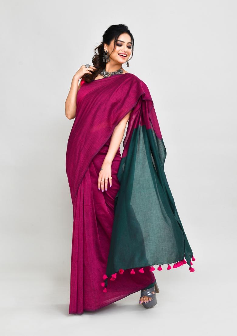 Rani Pink Solid Cotton Saree Set