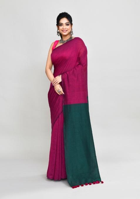 Rani Pink Solid Cotton Saree Set