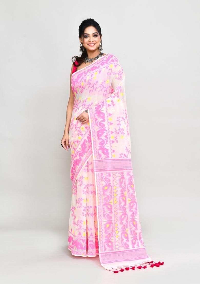 Off White Jamdani Cotton Blend Saree Set