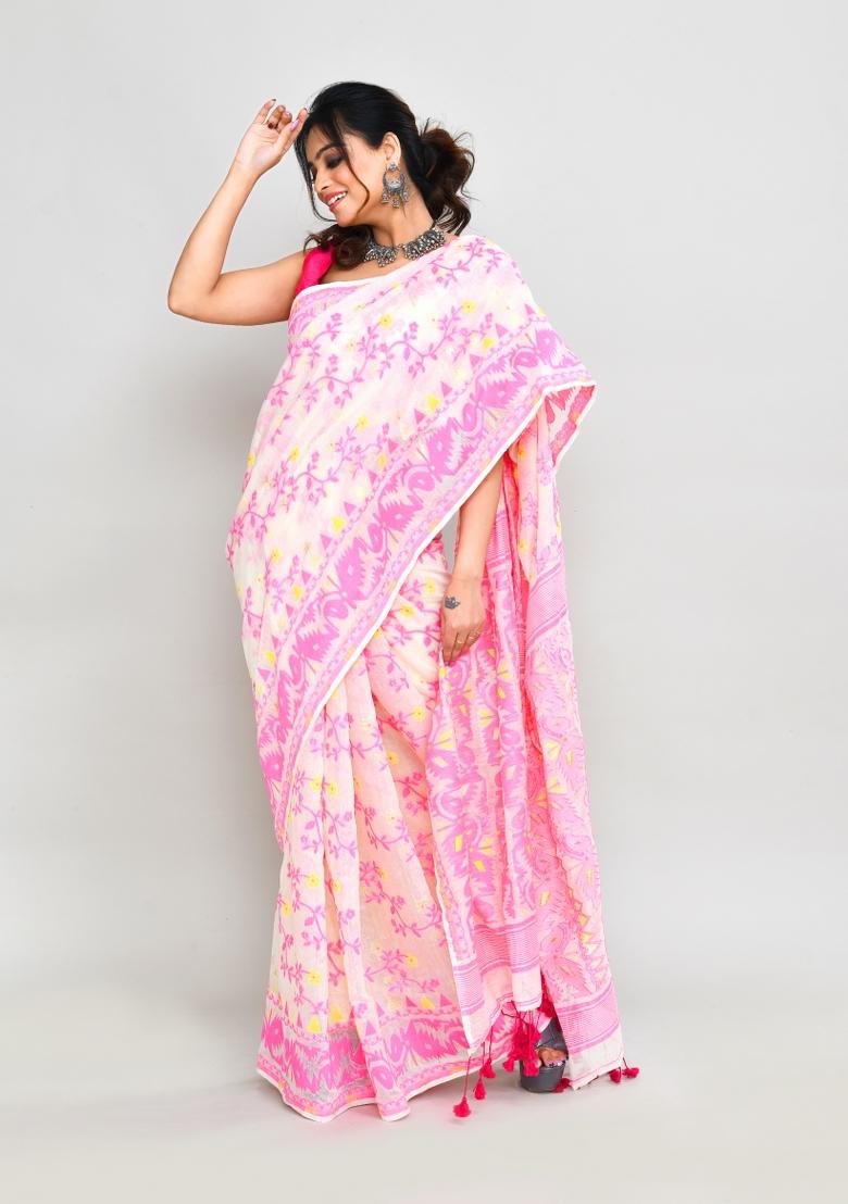 Off White Jamdani Cotton Blend Saree Set