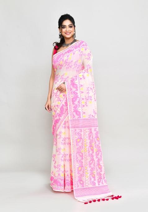 Off White Jamdani Cotton Blend Saree Set