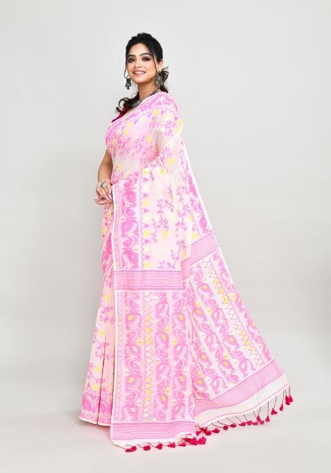 Off White Jamdani Cotton Blend Saree Set